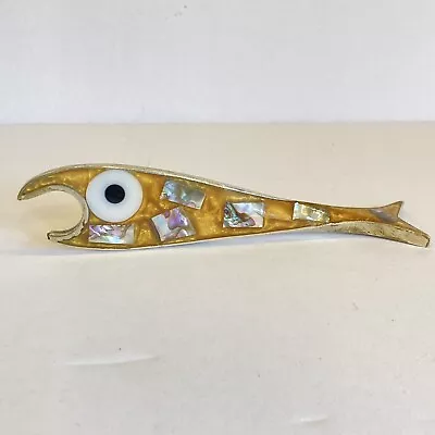 VTG MCM Mexican Abalone & Butterscotch Fish Shaped Alpaca Silver Bottle Opener • $49.99