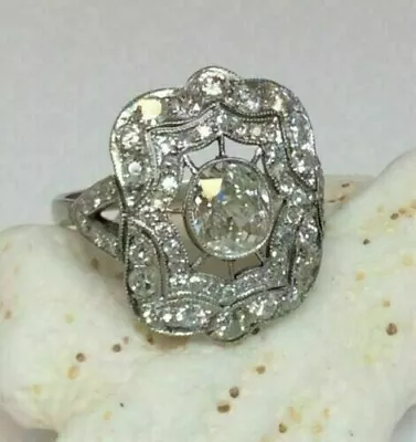 Vintage Art Deco Round Cut Lab Created Diamond Cluster Ring 14K White Gold Over • $89.12