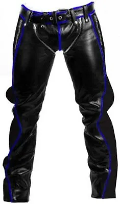 Mens Bondage Pants Real Leather Heavy Duty Jeans Black With Blue Piping Trousers • $119.99