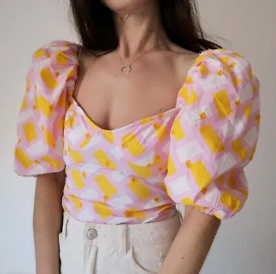 Zara S Printed Poplin Bodysuit Leotard Puff Sleeves Bloggers Favorite Pink Top • $28.99