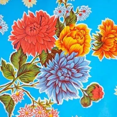 Mexican Oilcloth Fabric Blue Mum Flowers **Off Cut** • $10.08