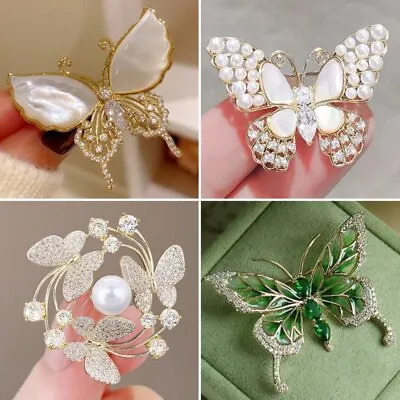 Fashion Pearl Butterfly Crystal Zircon Brooch Pin Women Wedding Jewellery Gift • $2.50