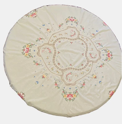 $17.50 • Buy Vintage  60 “  Round Tablecloth Hand Embroidered Cross Stitch Crochet Lace  Work
