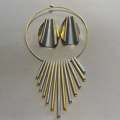 Statement Necklace Earrings Set Two Tone Tube Fringe Fringe Wire Choker Vtg 80’s • $19.99