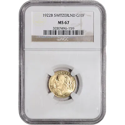 $659.29 • Buy 1922 B Switzerland Gold 10 Francs - NGC MS67
