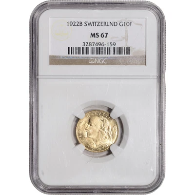 $659.29 • Buy 1922 B Switzerland Gold 10 Francs - NGC MS67