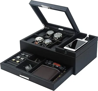 Executive Men Jewelry Box Valet Tray W/ Drawer Storage Box Organizer Nightstand • $94.96