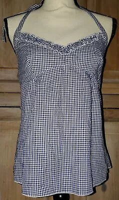 J. Crew Navy Blue White Gingham Plaid Ruffle Halter Shirt Size 6 Sleeveless *23 • $12.99