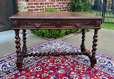 Antique French Desk Table Renaissance Revival Barley Twist Carved Tiger Oak 19C • $2895