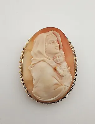 14k Yellow Gold Vintage Carved Cameo Madonna Mother Child Pin Brooch • $550