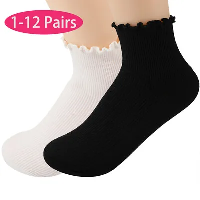 $7.59 • Buy Womens Ankle Socks Lovely Double Needle Solid Color Ruffle Edge Relent Socks Lot