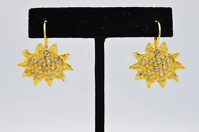 Vintage Sun Earrings Brushed Gold Rhinestone Crystal Sunflower Solar 1980s BinAA • $19.96