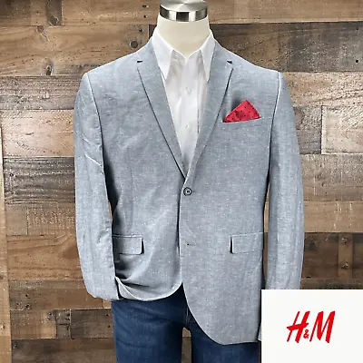 H&M Sport Coat Blazer Suit Jacket Cotton Linen Gray 44R Skinny Fit • $54.95