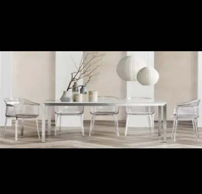 $1900 • Buy DESIGNER SELENE DINING TABLE 2M With 8 ARTIS CLEAR CHAIRS RRP $3031