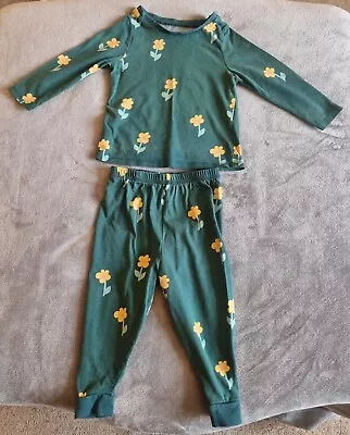 George Girls Green Flower Top & Matching Trousers Pyjamas 12-18 Months PJs 1 1/2 • £3