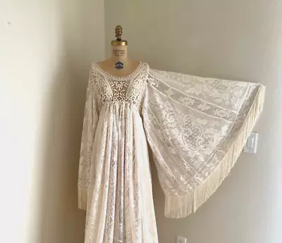 Boho Ivory Lace Bell Sleeve Wedding Dress Maternity Photoshoot Gown W Fringe • £291.93