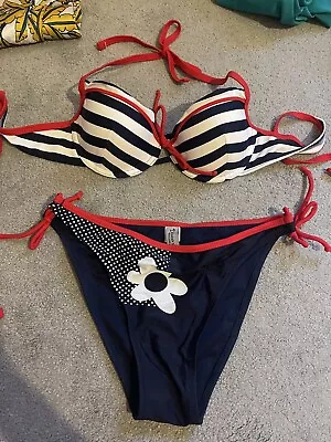 Blue White Stripe Sailor Style Bikini With Red Detail. Size 8 Great Condition . • £3