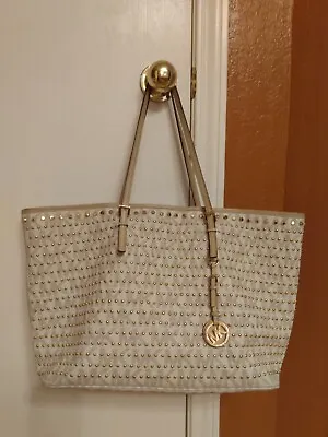 MICHAEL KORS Vanilla Medium Travel Jet Set Gold Studded Tote Shoulder Bag - $598 • $144.99