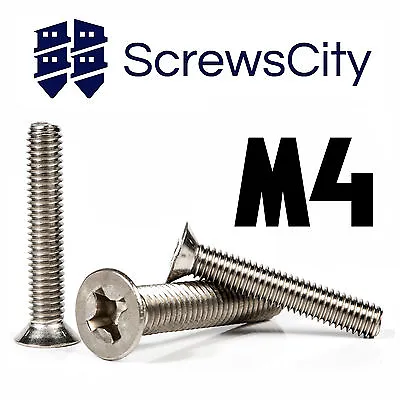 M4 (4mm Ø) PHILLIPS MACHINE SCREWS COUNTERSUNK FLAT HEAD BOLTS STAINLESS STEEL • £1.80