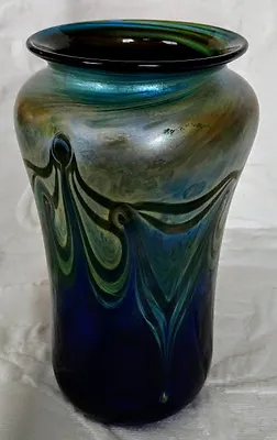 Art Glass Vase  Tabitha 83-V  Cobalt Blue W/Green Pulled Feather Design! • $325