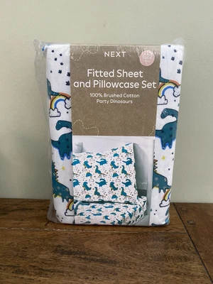 £14.99 • Buy NEXT Party Dinosaur Fitted Sheet & Pillowcase Set SINGLE 100% Cotton - BNIP