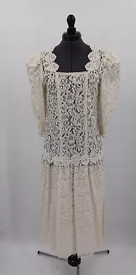Vintage 80s Sheer Lace Pearl Edging Drop Waist Dress Size 7/8 • $39.99