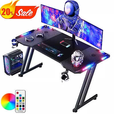 LED Gaming Desk Computer Table Workstations W/ Headphone Hook & Cup Holder Black • £104.95