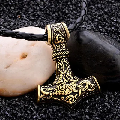 Myth THOR'S HAMMER Norse Magick Mjolnir Viking Pendant Leather Cord Necklace • $1.99