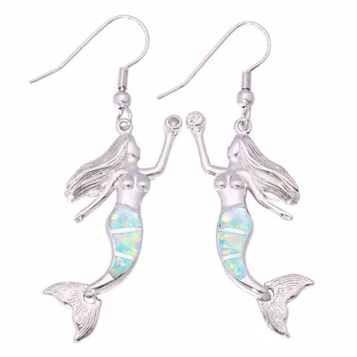 European Fashion Mermaid Silver White Simulated Opal Women Long Drop Earrings Je • $0.01