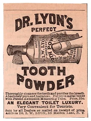 C1880s Dr. Lyon's Perfect Tooth Powder Manhattan NYC Antique Dental Art Print Ad • $9.99