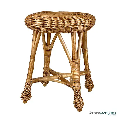 Vintage Coastal Boho Natural Wicker Round Plant Stand Stool • $180