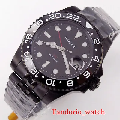$83.72 • Buy 40mm Parnis Black Dial PVD Coated GMT Automatic Men Watch Sapphire Glass Date