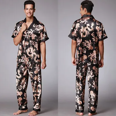 Mens Silk Satin Pajamas Set Top Pants Sleepwear Nightwear • $25.50