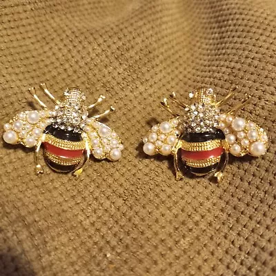 Vintage Gold Red & Black Enamel Post Earrings W/Faux Pearls And Rhinestones • $8.99