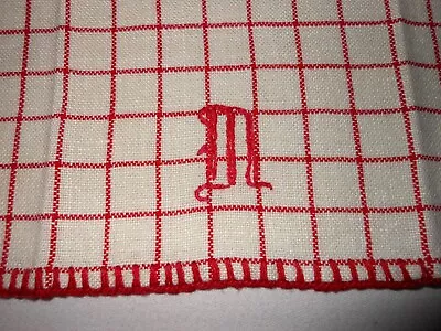 Vintage Towel Kitchen Bath Monogram M Redwork Embroidered Woven Check Linen • $7