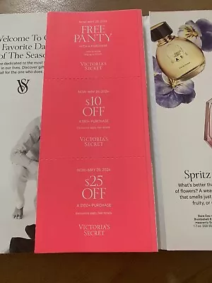 3-Victoria’s Secret Coupons Panty W/Purchase $10 Off + $25 Off Exp. May 26 2024 • $7.99