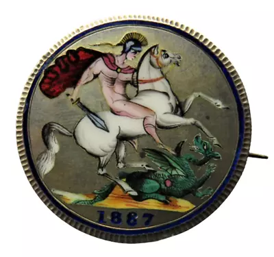 1887 Queen Victoria Enamelled Silver Crown Coin Brooch • £106.44