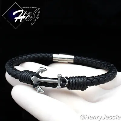 8.25 MEN WOMEN Stainless Steel 6mm Silver/Black Anchor Braided Leather Bracelet • $18.99