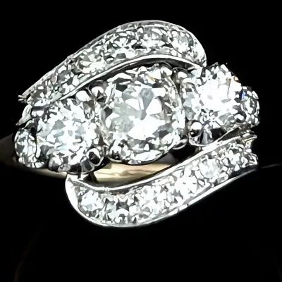 Vintage GIA Old Mine Cut Diamond 14k White Yellow Gold 3 Stone Ring Engagement • $4598