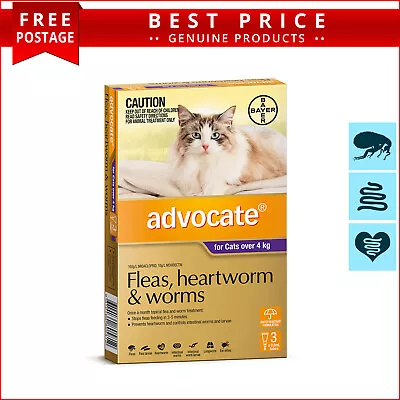 ADVOCATE Monthly Flea Worm Control 3 6 12 Doses For Cats Over 4 Kg PURPLE • $48.93