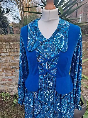 Vintage 70s Dress Paisley Blue Waistcoat Maxi Made In UK 'Turnabouts' UK8 • £25
