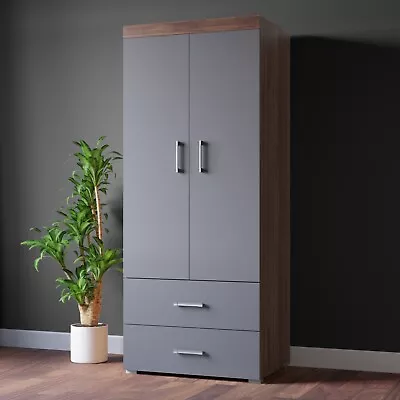 2 Door 2 Drawer Wardrobe In Grey & Walnut Effect Bedroom Furniture Storage Rail • £124.95