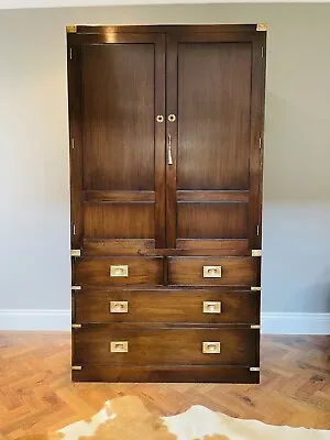 Vintage Solid Mahogany & Brass Military Campaign Wardrobe With Drawers • £2985