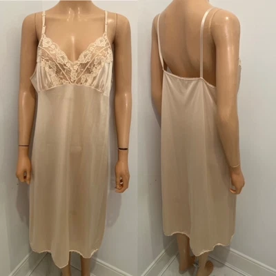 $7.50 • Buy VINTAGE SILKY BEIGE NYLON & FLORAL LACE LINGERIE FULL SLIP DRESS Sz 42