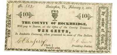 1868 10 Cents County Of Rockbridge VIRGINIA Note - CIVIL WAR Era Banknotes • $189.99