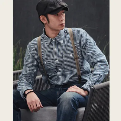 Men's Amekaji Railroad Striped Shirt Casual Work Shirts Long Sleeve Wabash Tee • $43.99