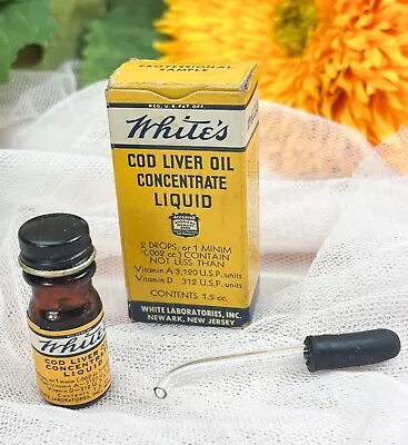 Vtg 1-1/2  WHITE'S COD LIVER OIL Apothecary Pharmacy BROWN Glass Bottle Dropper • $9.99