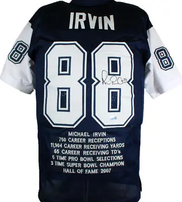 Michael Irvin Autographed Blue/White Pro Style STAT Jersey - Beckett W Hologram  • $179