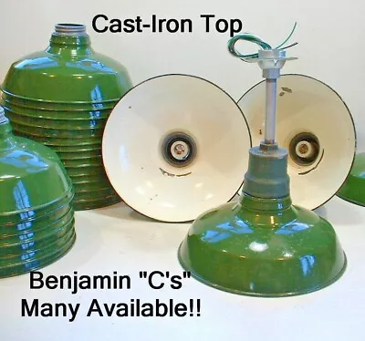 ONE 14  BENJAMIN Cast Iron Top Porcelain Industrial Barn Green Vintage Light C's • $245