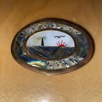 Taxco Belt Buckle Brass Abalone Inlay Sun Beach Tree Vintage Mexico Unique • $119.99